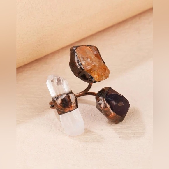 New Triple Crystal Gemstone Ring ~ Natural Amethyst Citrine Clear Quartz Copper - Picture 13 of 16